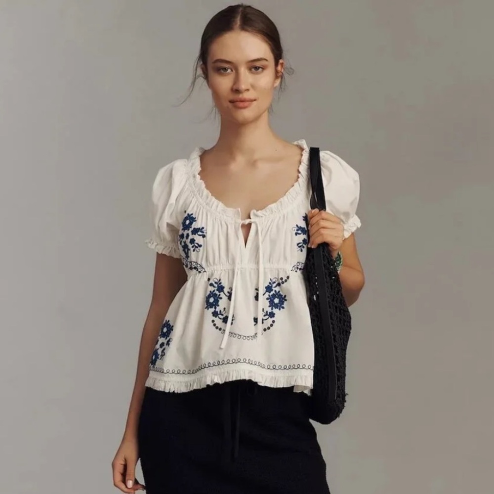 ANTHROPOLOGIE Puff-Sleeve Embroidered Babydoll Top white blue small